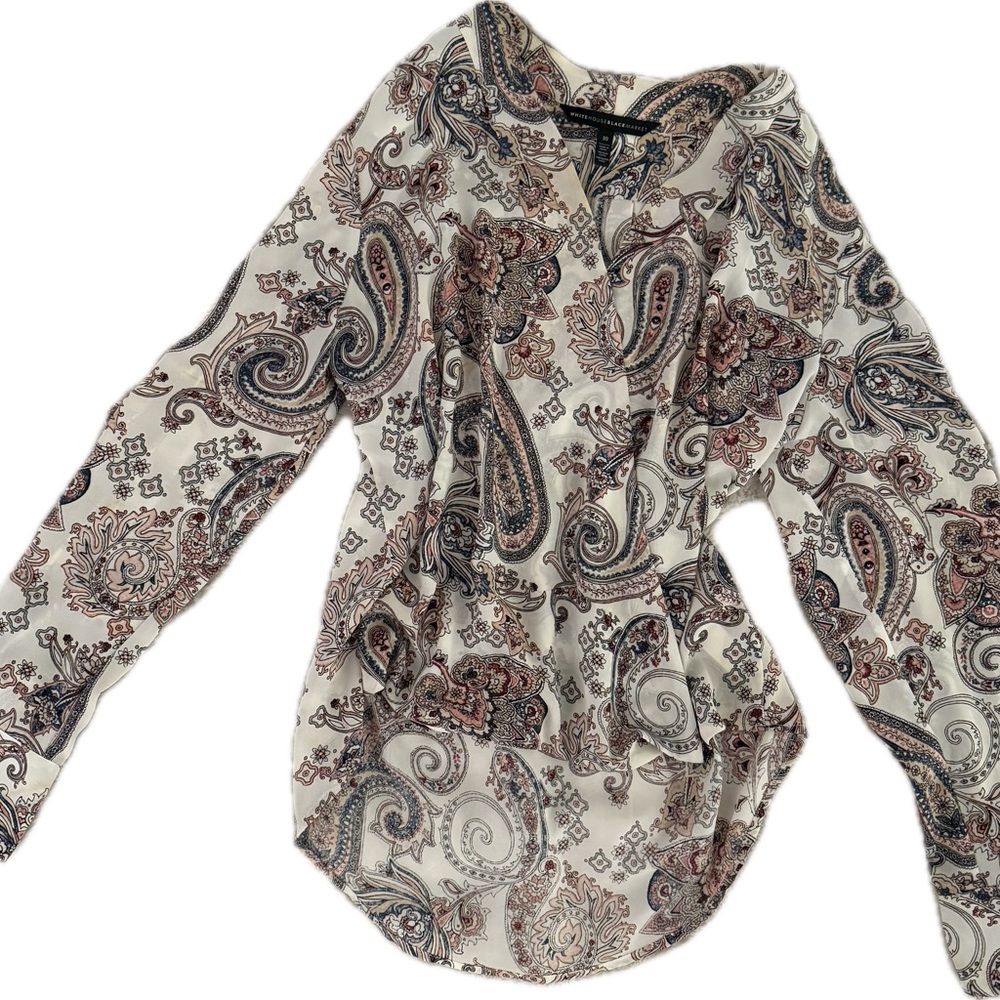 White House Black Market Paisley Blouse in Cream, Pink, Blue, and Black